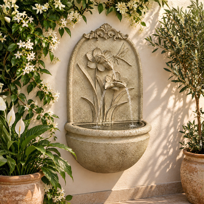 Floral wall mounted water feature with flower and dragonfly design, stone-look finish and rounded basin for indoor or outdoor use