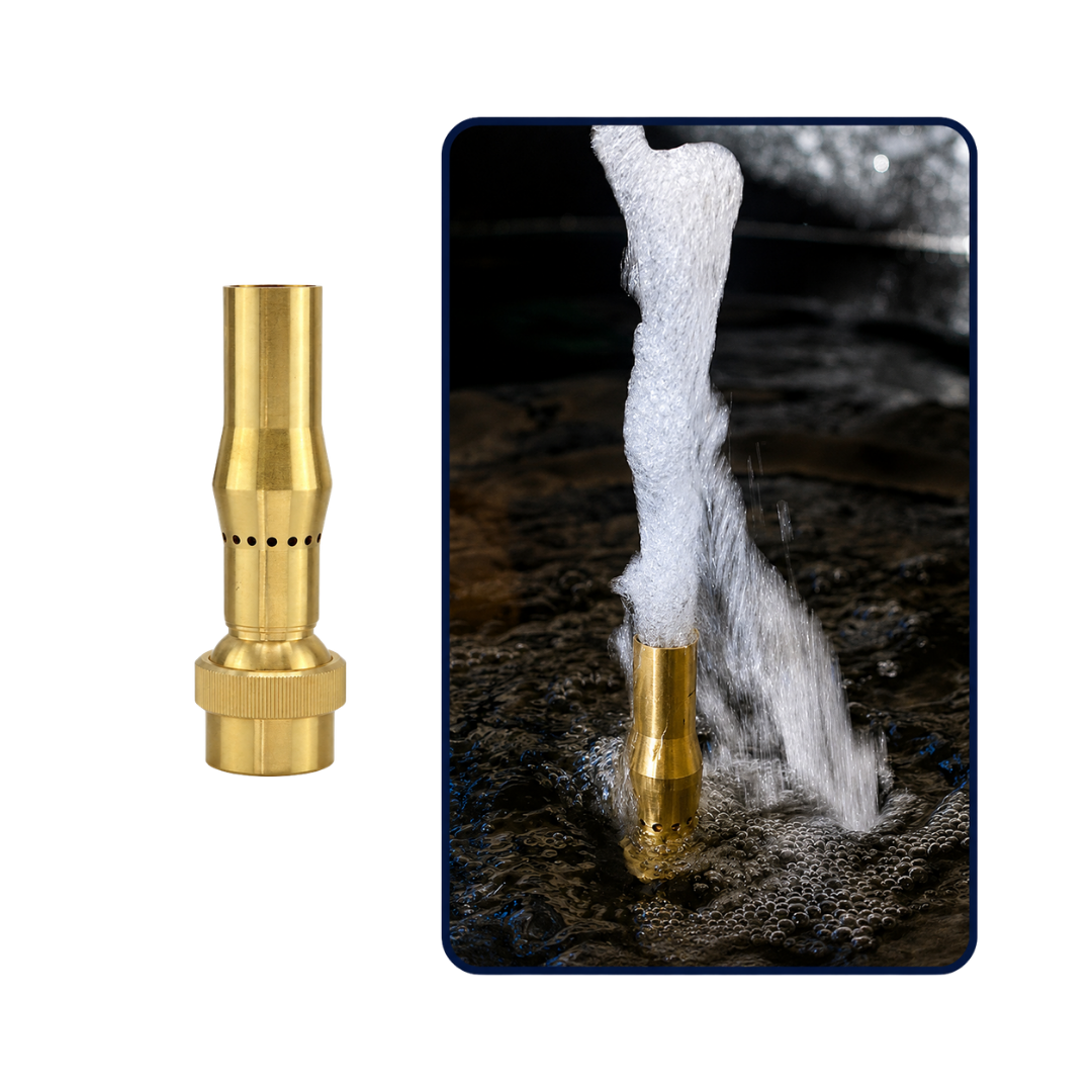 Frothy Aerated Fountain Nozzle for creating soft, highly aerated water displays in ponds, garden fountains and decorative water features