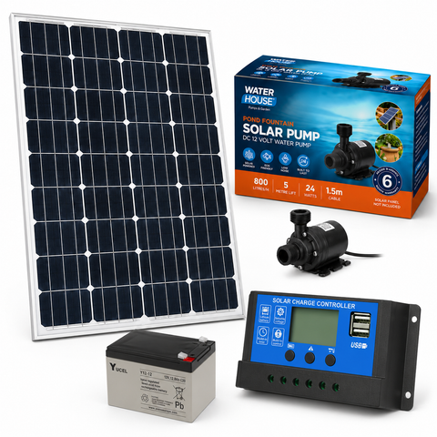 Solar panel, battery, controller, and water pump with packaging on a white background