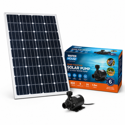 Solar panel, solar pump, and packaging on a white background