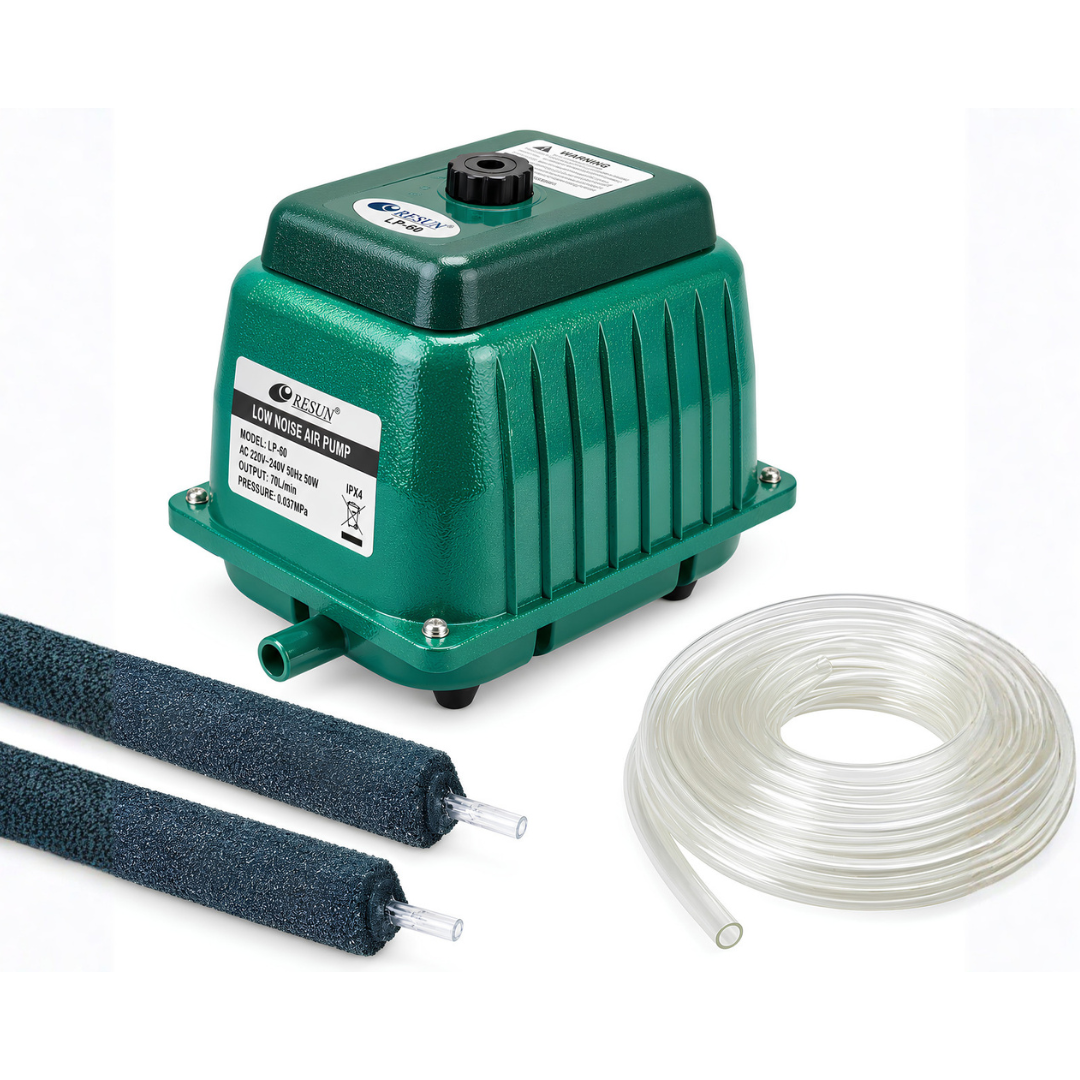 High Power 100W diaphragm air pump delivering 140L/min (8400L/h) with 0.042 MPa pressure, aluminium housing and included 32-port air manifold for pond, aquarium and fish farm aeration.
