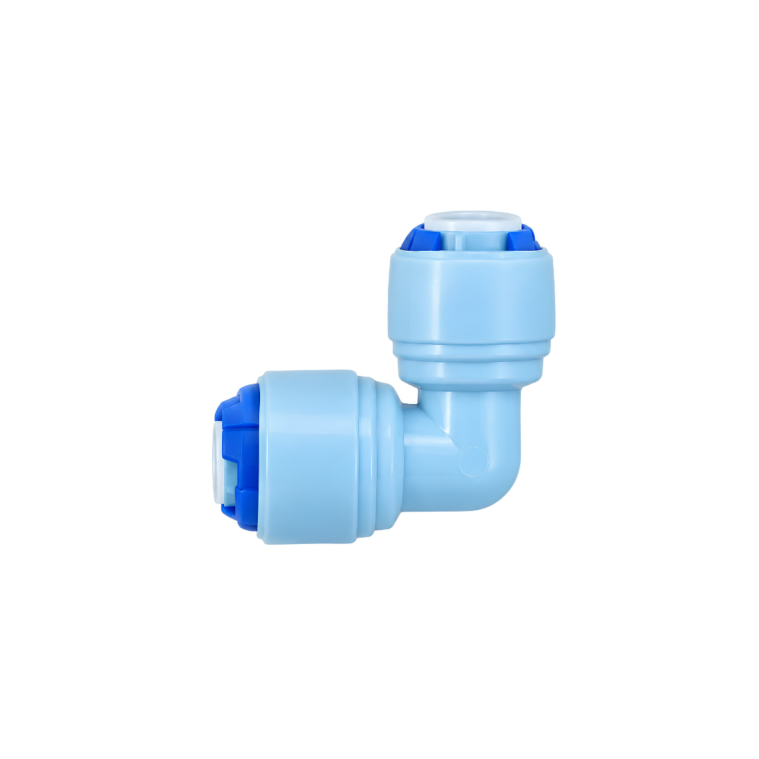 High Pressure RO Elbow Fitting 1/4 inch with 90-degree push-fit connections, designed for reverse osmosis water tubing, filtration systems and high-pressure misting installations.