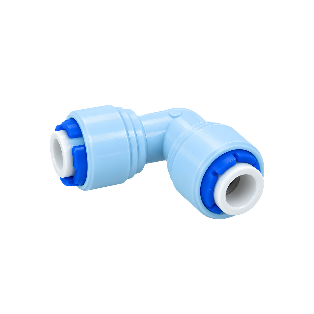High Pressure RO Elbow Fitting 1/4 inch with 90-degree push-fit connections, designed for reverse osmosis water tubing, filtration systems and high-pressure misting installations.
