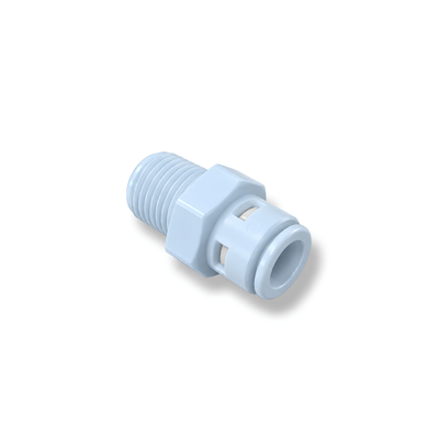 High Pressure RO Male Adapter Fitting 1/4 inch with push-fit tubing connection and external male thread, designed for connecting reverse osmosis water tubing to threaded fittings in filtration and misting systems.