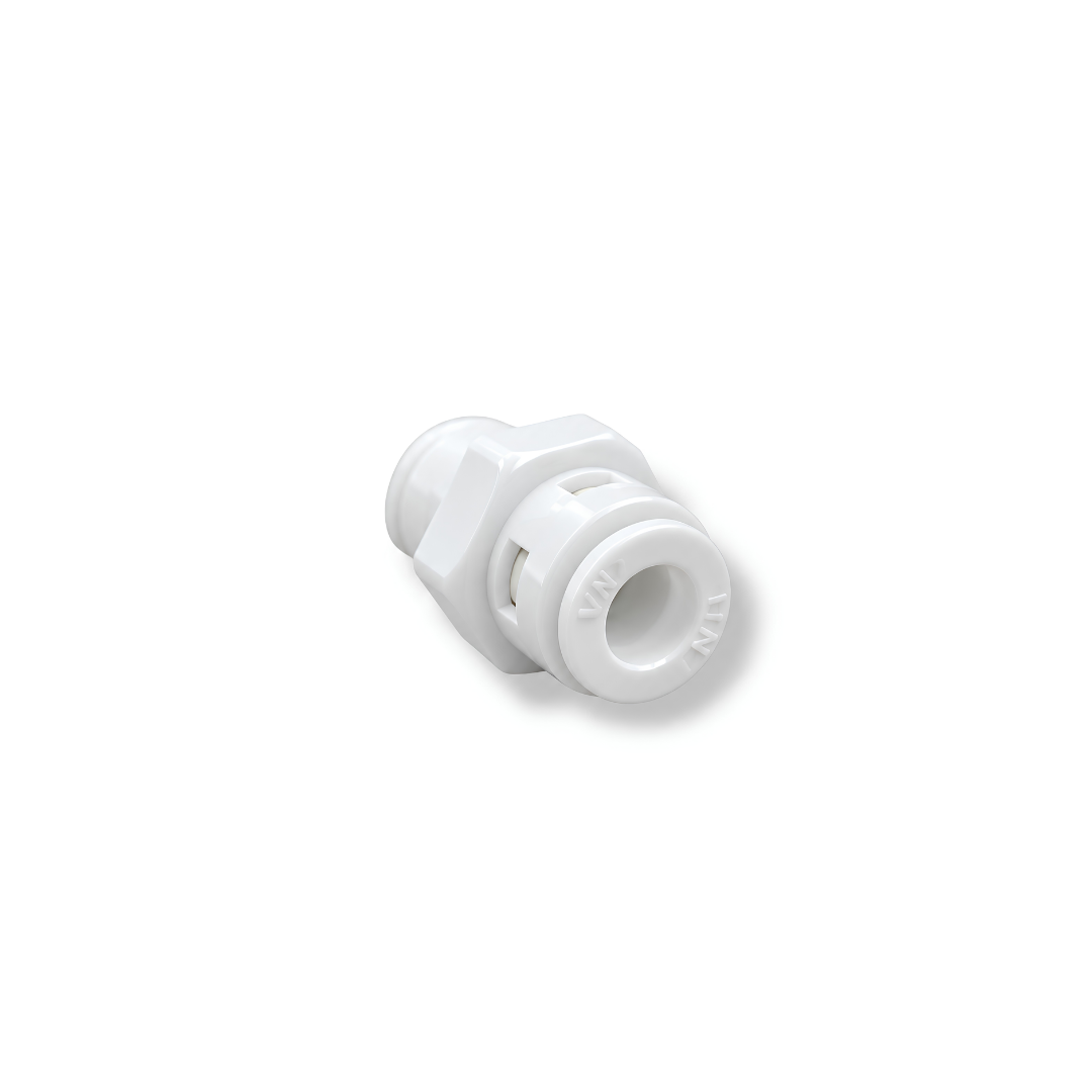 High Pressure RO Male Adapter Fitting 1/4 inch with push-fit tubing connection and external male thread, designed for connecting reverse osmosis water tubing to threaded fittings in filtration and misting systems.