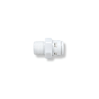High Pressure RO Male Adapter Fitting 1/4 inch with push-fit tubing connection and external male thread, designed for connecting reverse osmosis water tubing to threaded fittings in filtration and misting systems.