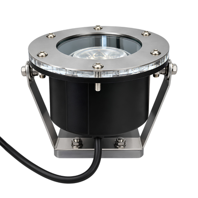 Industrial Free Standing Underwater Spotlight with 7W cool white lighting, stainless steel construction, IP68 waterproof rating and 12V AC/DC operation, designed for fountains, ponds and decorative water features.