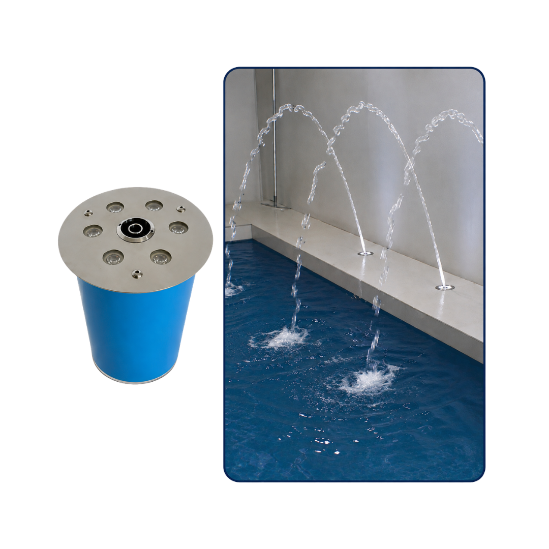 9W LED stainless steel deck jet light with 12mm fountain nozzle and flush-mounted design for pools, fountains and illuminated water features