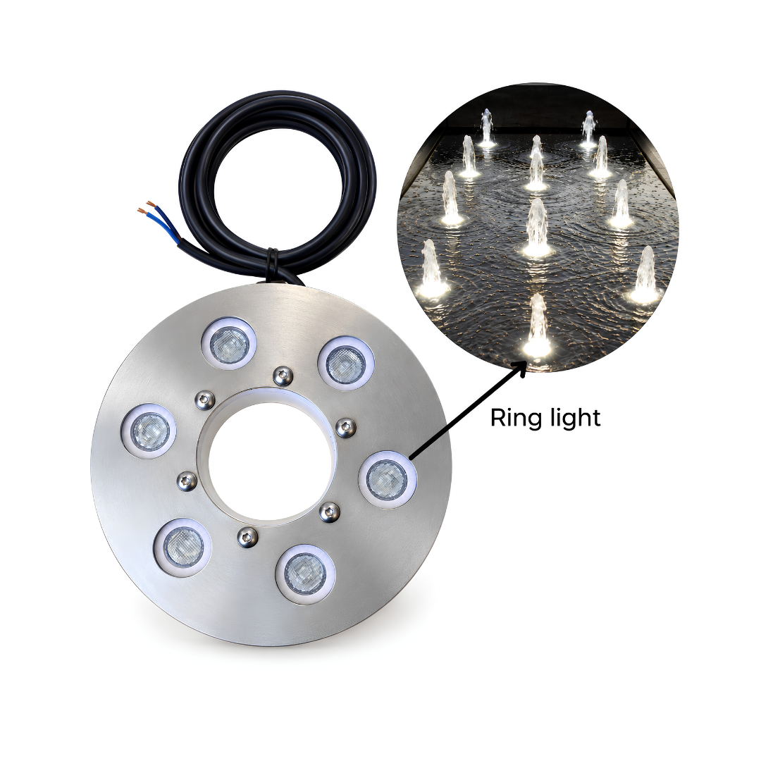 18W large underwater white LED ring light with 75mm centre opening for fountain nozzles, ponds and decorative water features