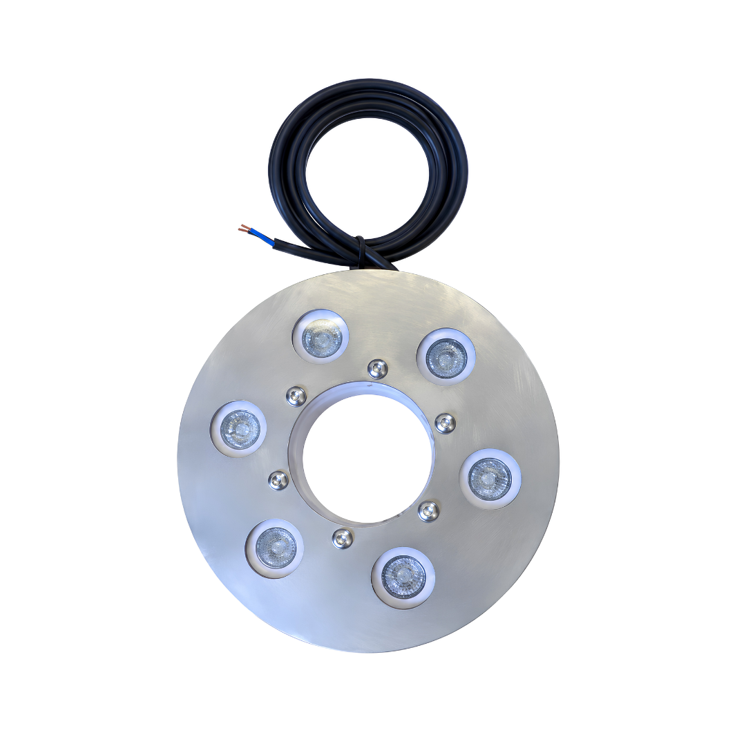 18W large underwater white LED ring light with 75mm centre opening for fountain nozzles, ponds and decorative water features