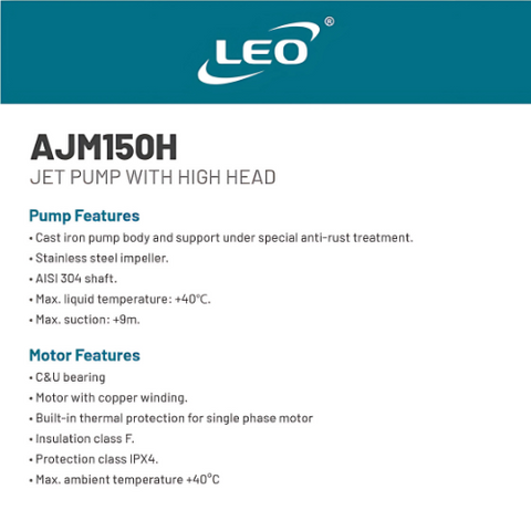 WATERHOUSE LEO AJM150 SELF-PRIMING JET PUMP (1.5KW, 2HP, 220V)