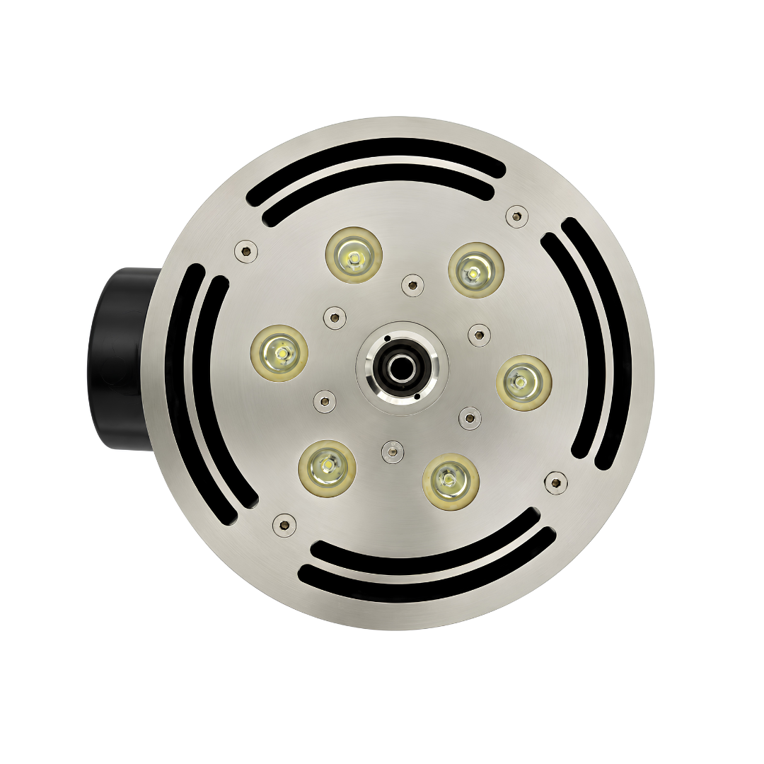 Flush-mounted 12mm stainless steel water play park and mall fountain deck jet nozzle with integrated 18W white LED light