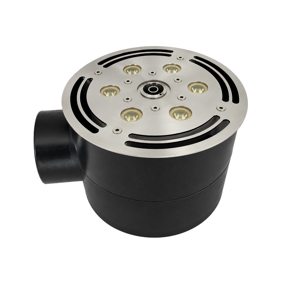 Flush-mounted 12mm stainless steel water play park and mall fountain deck jet nozzle with integrated 18W white LED light