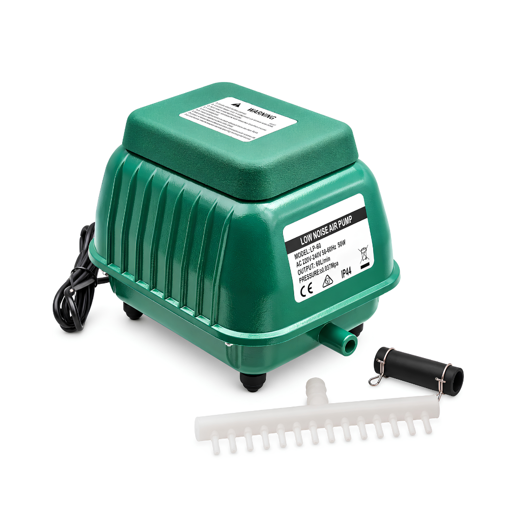 LP60 60W aluminium diaphragm air pump delivering 70L/min (4200L/h) with 0.037 MPa pressure and included 14-port air manifold for pond, aquarium and fish farm aeration.