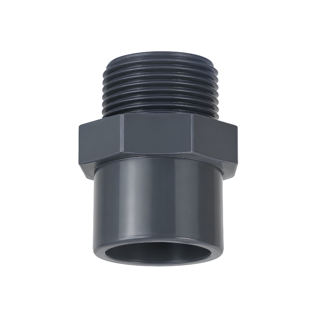 Grey PVC male threaded adaptor with socket and external male thread for irrigation, pumps, filtration and water systems