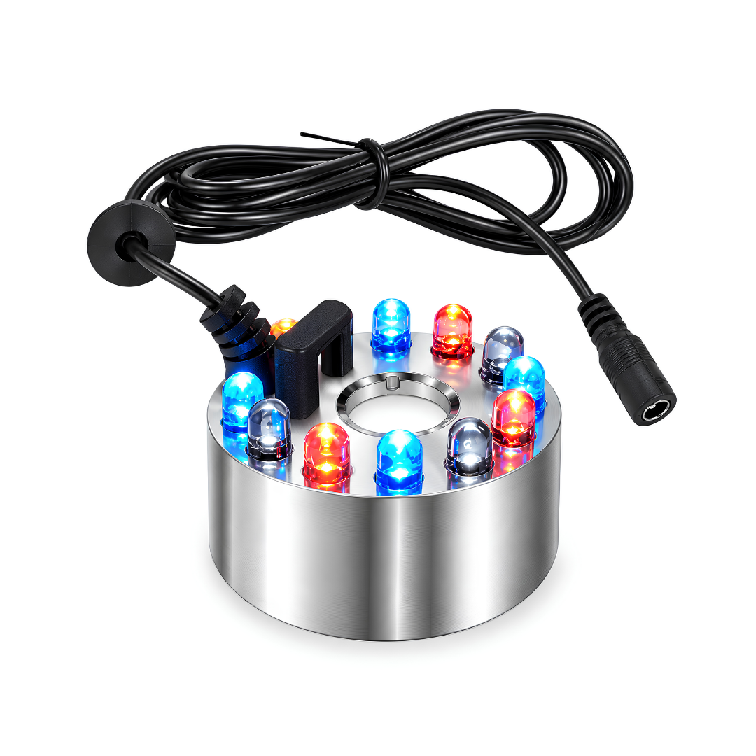 Mini Mist Maker & LED Lamp with single ultrasonic ceramic disc and automatic 3-colour changing LED lights, designed to create a decorative fog effect in indoor fountains, garden water features and water bowls.