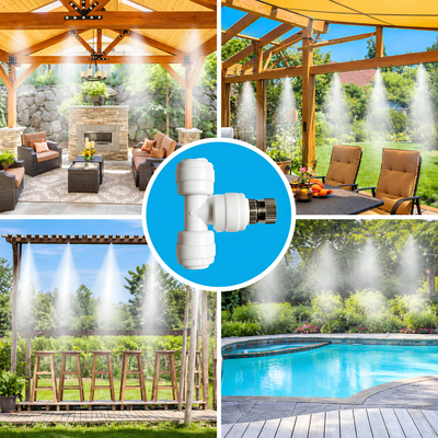 0.2mm ceramic misting nozzle with 1/4-inch T compression fitting for RO tubing, patio cooling, greenhouse humidification and misting systems