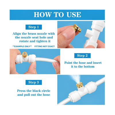 0.2mm ceramic misting nozzle with 1/4-inch T compression fitting for RO tubing, patio cooling, greenhouse humidification and misting systems