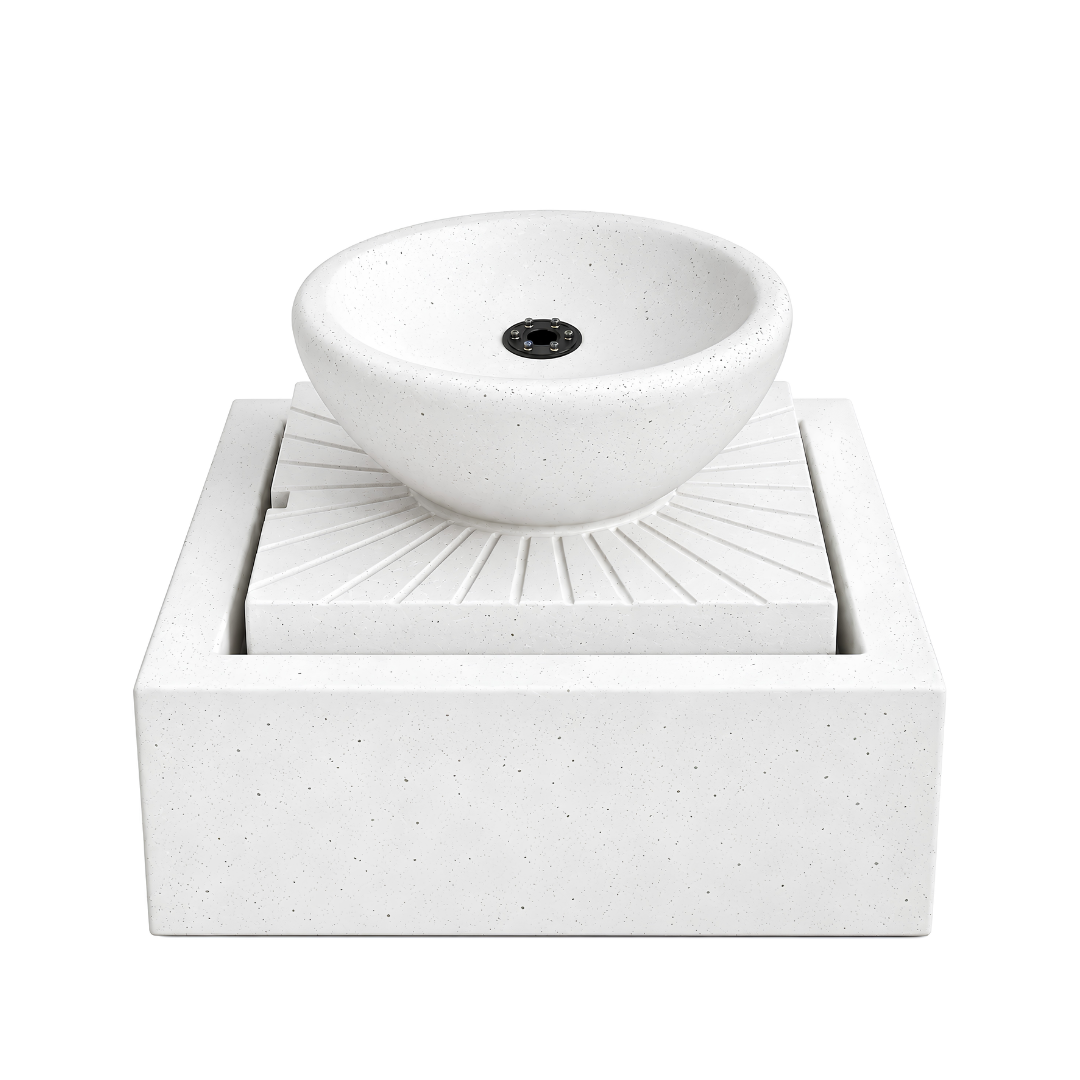 Modern Bowl Water Feature with Square Base, bubbling water, stone-look finish, ideal for indoor and outdoor spaces.