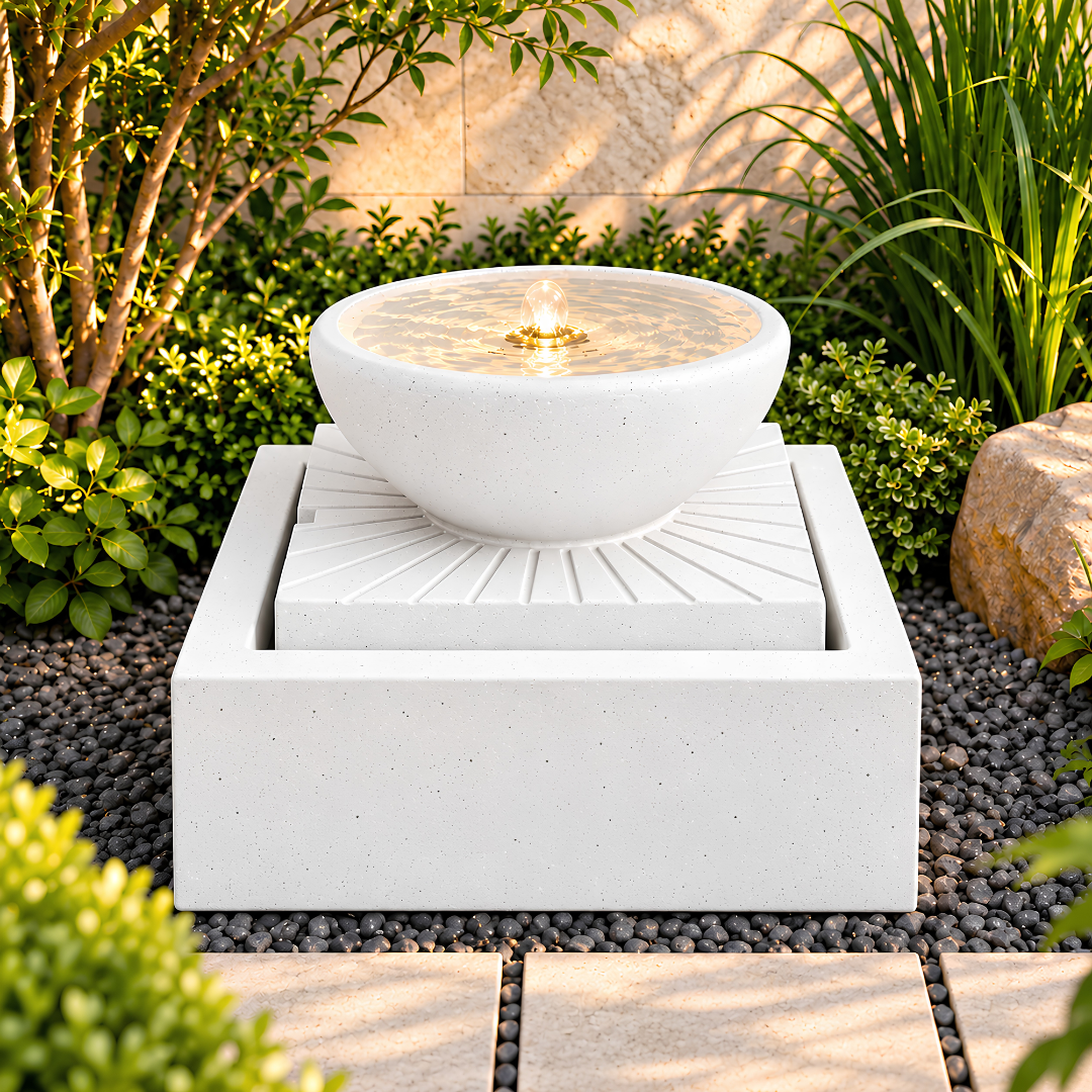 Modern Bowl Water Feature with Square Base, bubbling water, stone-look finish, ideal for indoor and outdoor spaces.