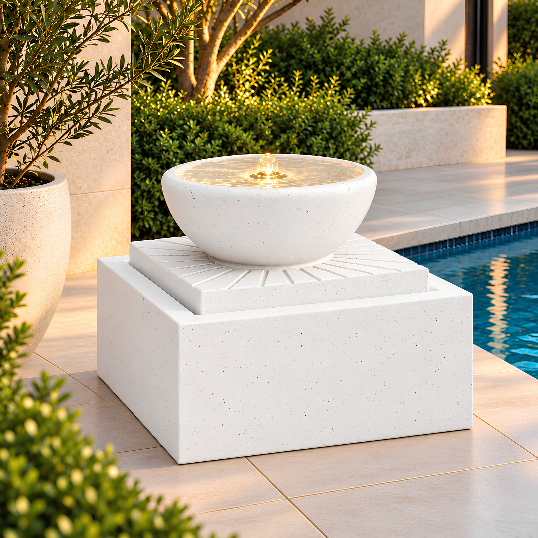 Modern Bowl Water Feature with Square Base, bubbling water, stone-look finish, ideal for indoor and outdoor spaces.
