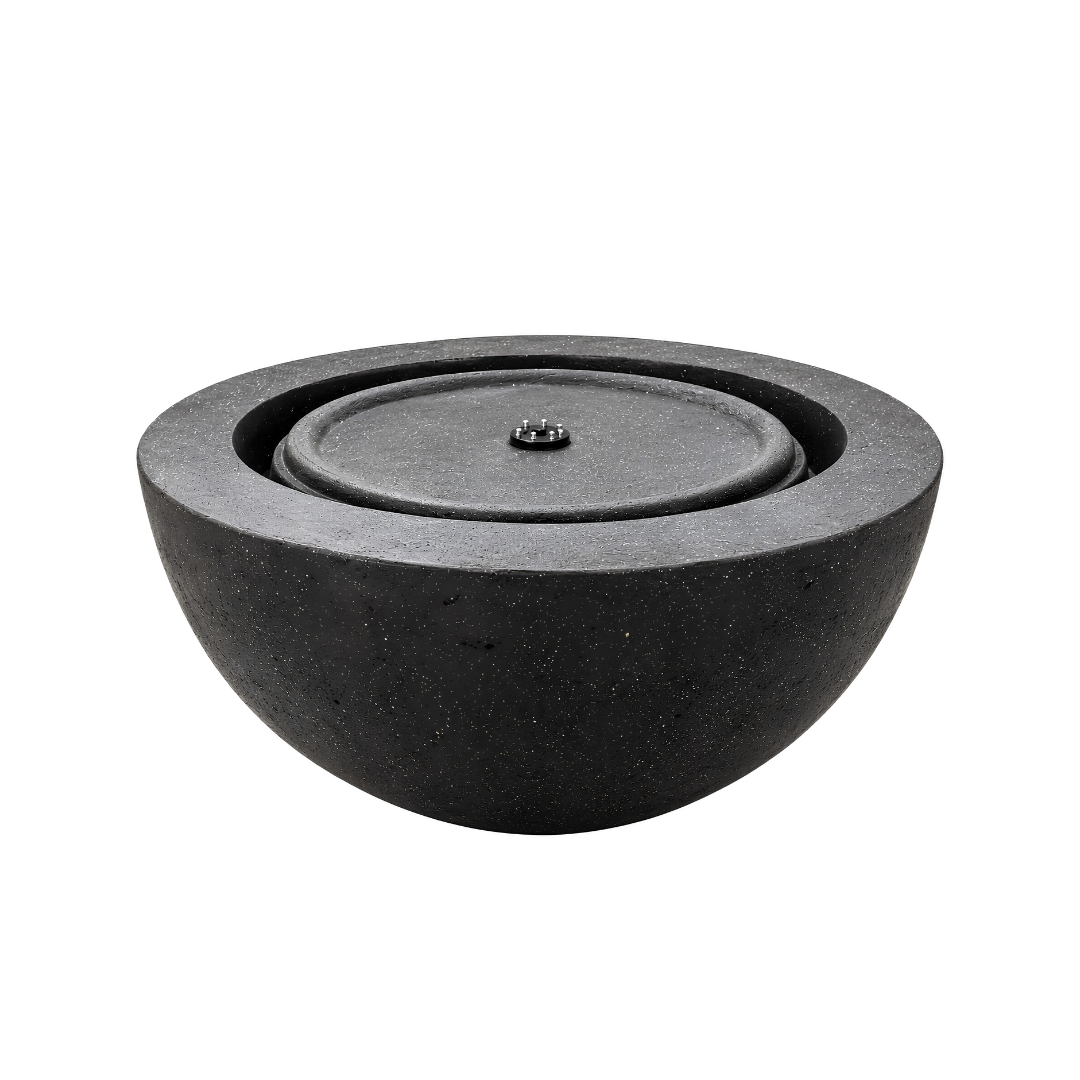 Modern Bowl Water Feature with round design, dark textured finish and central bubbling fountain for indoor or outdoor use
