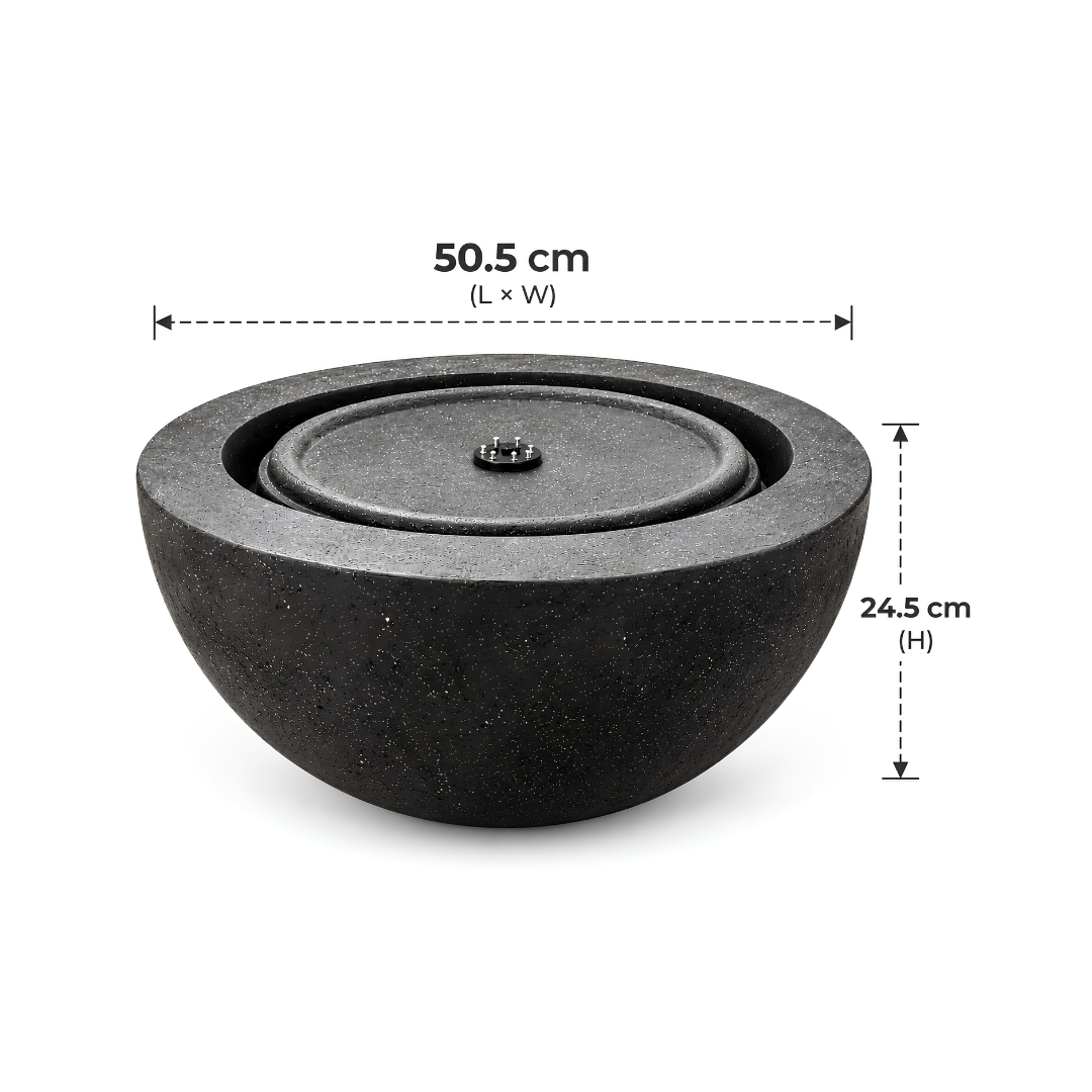 Modern Bowl Water Feature with round design, dark textured finish and central bubbling fountain for indoor or outdoor use