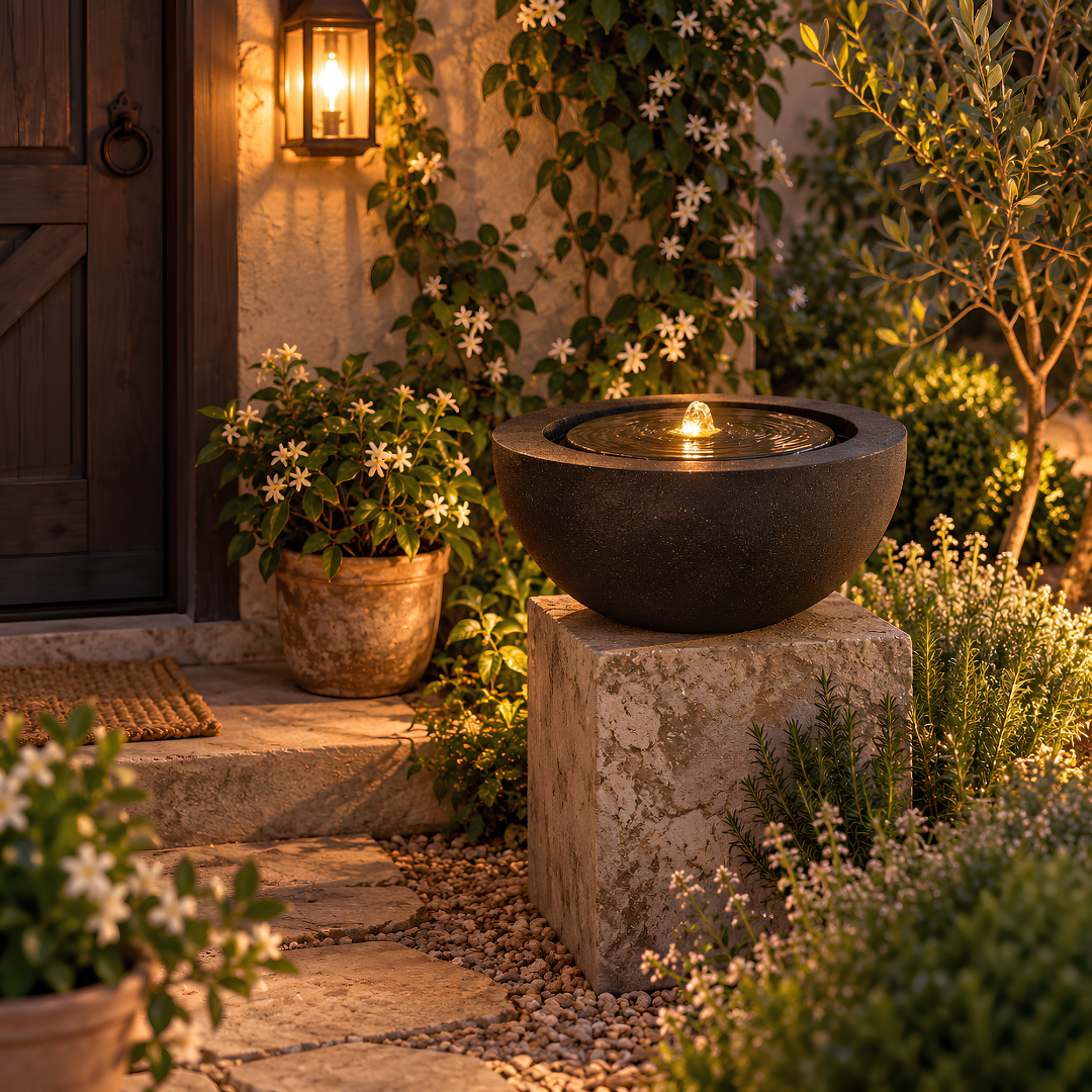 Modern Bowl Water Feature with round design, dark textured finish and central bubbling fountain for indoor or outdoor use