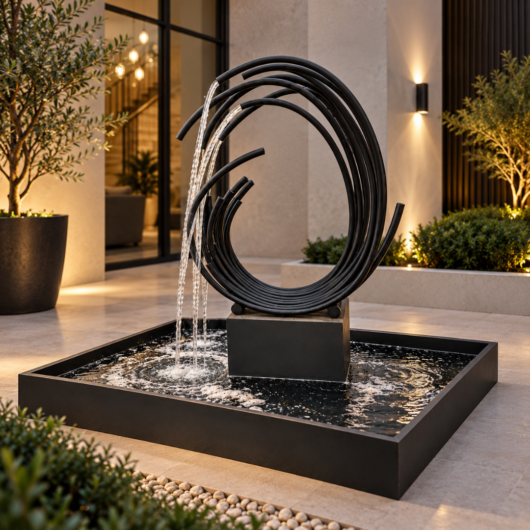 Large Modern Abstract Black Water Feature in rust-resistant stainless steel with pump and water tank included