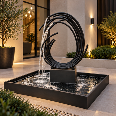 Large Modern Abstract Black Water Feature in rust-resistant stainless steel with pump and water tank included