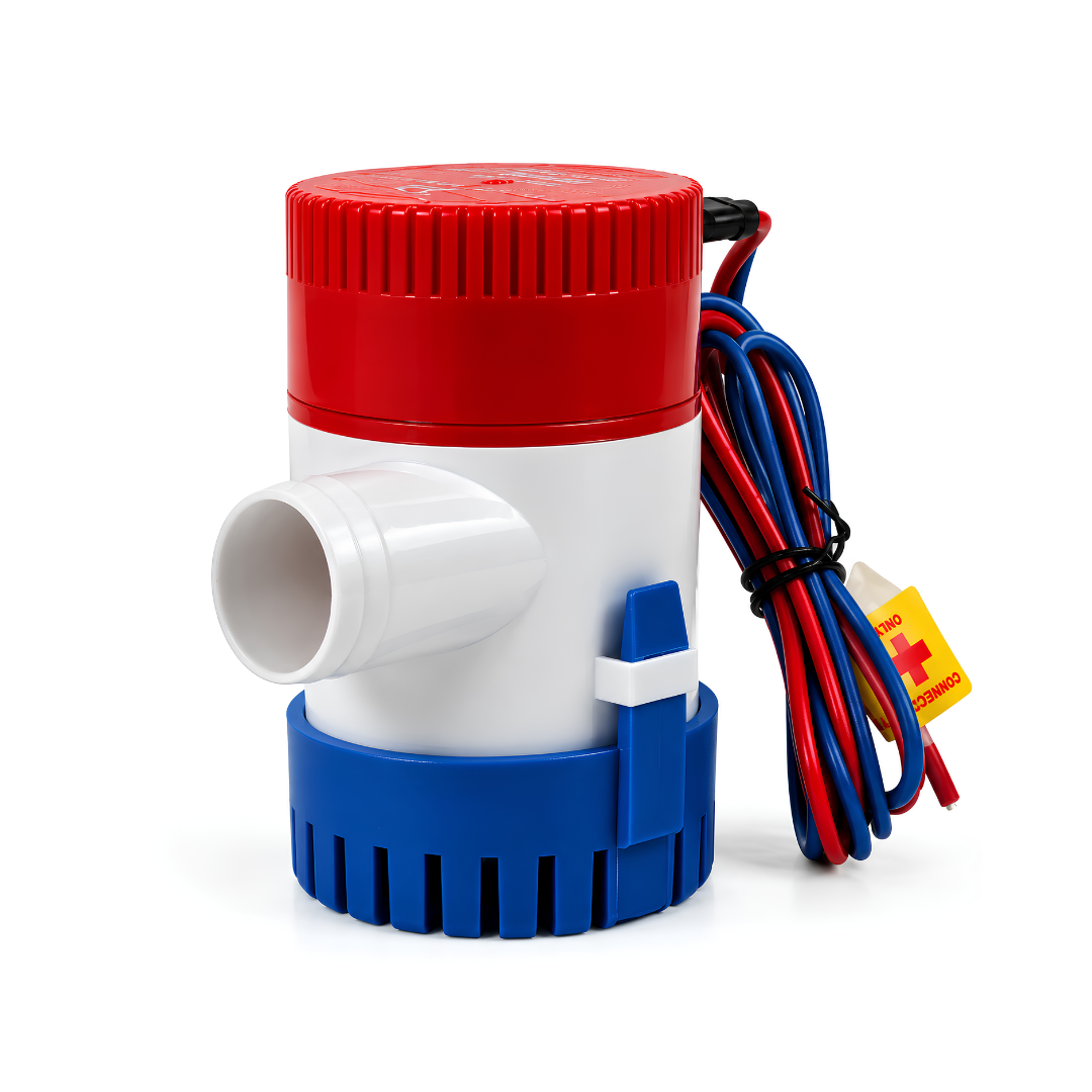 Non-automatic fully submersible 12V DC bilge pump with 2000L/h maximum flow, 3.8m head and 20mm outlet for boat and marine drainage