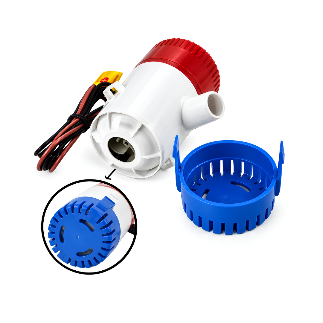 Non-automatic fully submersible 12V DC bilge pump with 2000L/h maximum flow, 3.8m head and 20mm outlet for boat and marine drainage