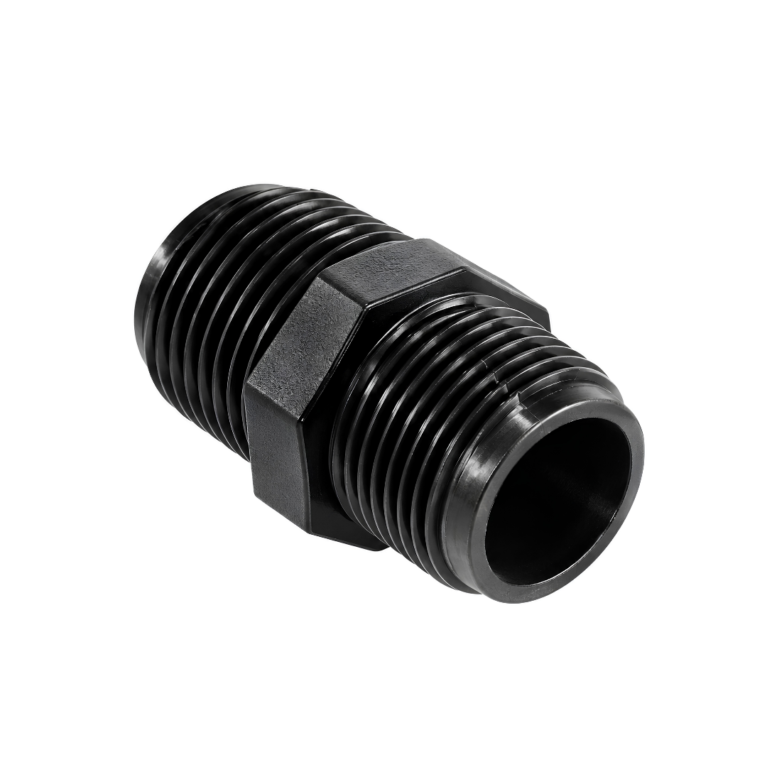 Black nylon male threaded nipple with male threads on both ends for irrigation, water tanks, pumps and plumbing connections