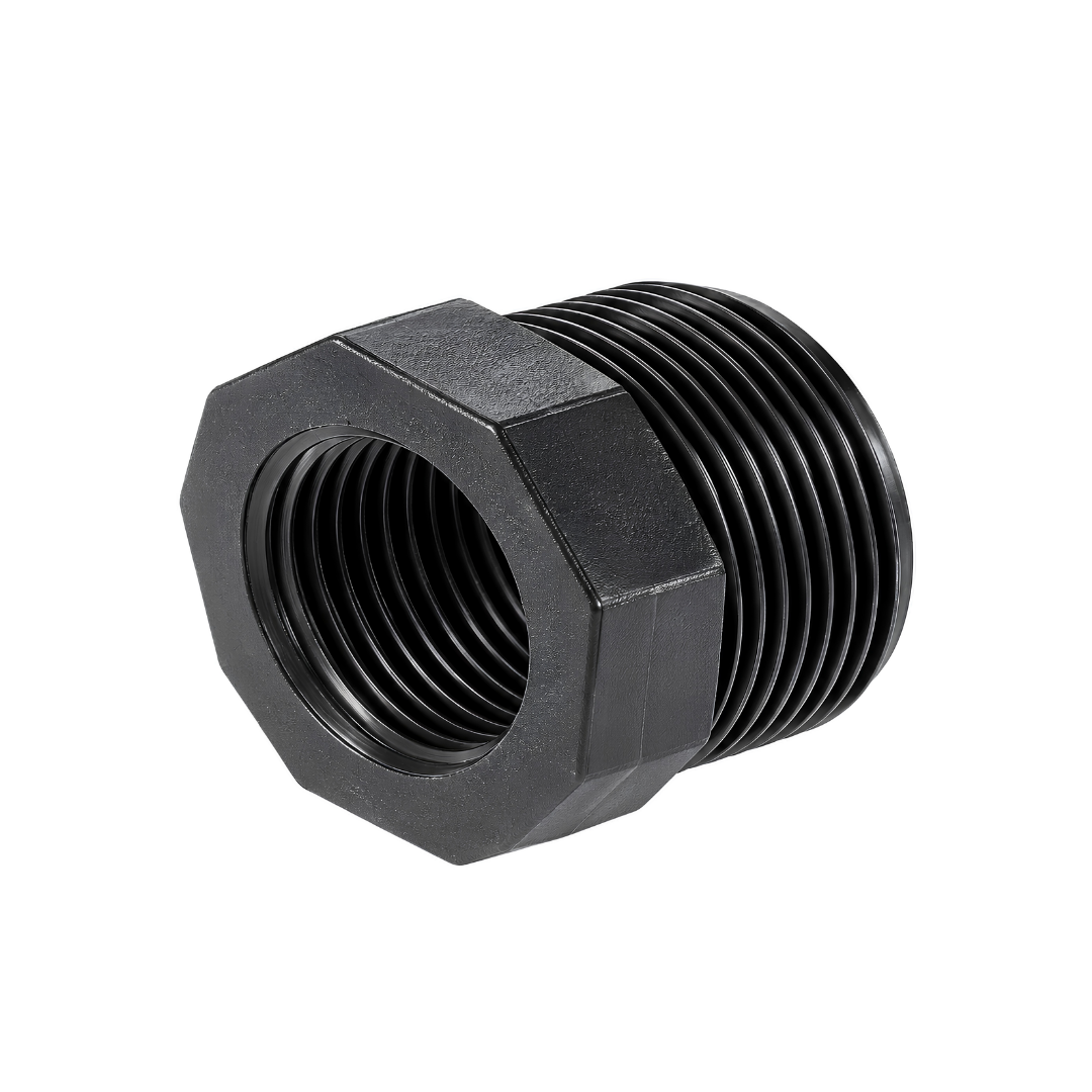 Black nylon threaded reducing bush with male outer thread and smaller female inner thread for irrigation and water fittings
