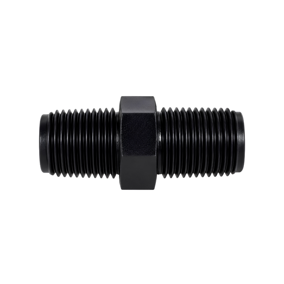 Black nylon reducing nipple with male threads on both ends for connecting different size irrigation and water fittings