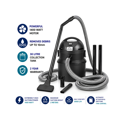 Oase Pondomatic Pond & Pool Vacuum Cleaner with powerful 1400W motor, 30-litre collection tank, automatic emptying function, 4m suction hose and three cleaning nozzles for removing pond sludge and debris.