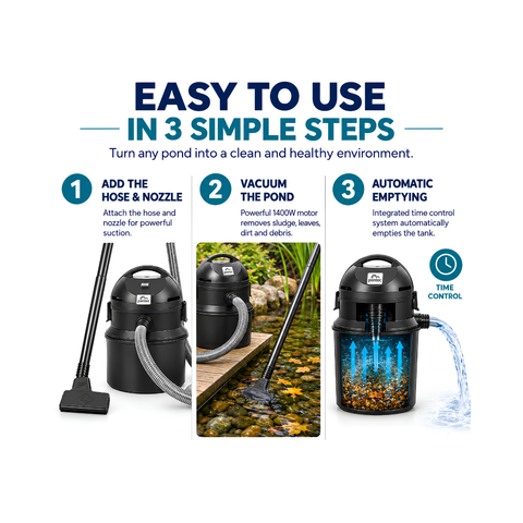 Oase Pondomatic Pond & Pool Vacuum Cleaner with powerful 1400W motor, 30-litre collection tank, automatic emptying function, 4m suction hose and three cleaning nozzles for removing pond sludge and debris.
