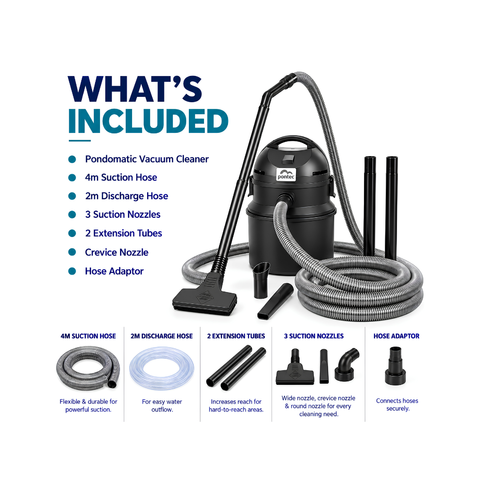 Oase Pondomatic Pond & Pool Vacuum Cleaner with powerful 1400W motor, 30-litre collection tank, automatic emptying function, 4m suction hose and three cleaning nozzles for removing pond sludge and debris.