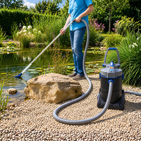 Oase PondoVac 4 Pond Vacuum Cleaner with 1700W motor, continuous two-chamber suction system, 5000L/h maximum flow rate, 5m suction hose and four cleaning nozzles for pond and pool maintenance.