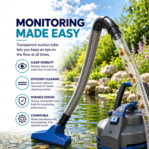Oase PondoVac 4 Pond Vacuum Cleaner with 1700W motor, continuous two-chamber suction system, 5000L/h maximum flow rate, 5m suction hose and four cleaning nozzles for pond and pool maintenance.