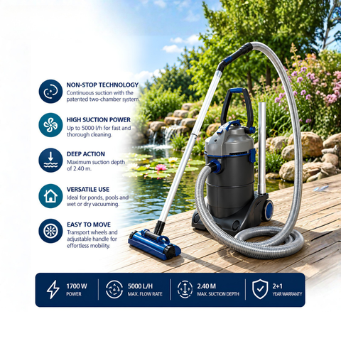 Oase PondoVac 4 Pond Vacuum Cleaner with 1700W motor, continuous two-chamber suction system, 5000L/h maximum flow rate, 5m suction hose and four cleaning nozzles for pond and pool maintenance.