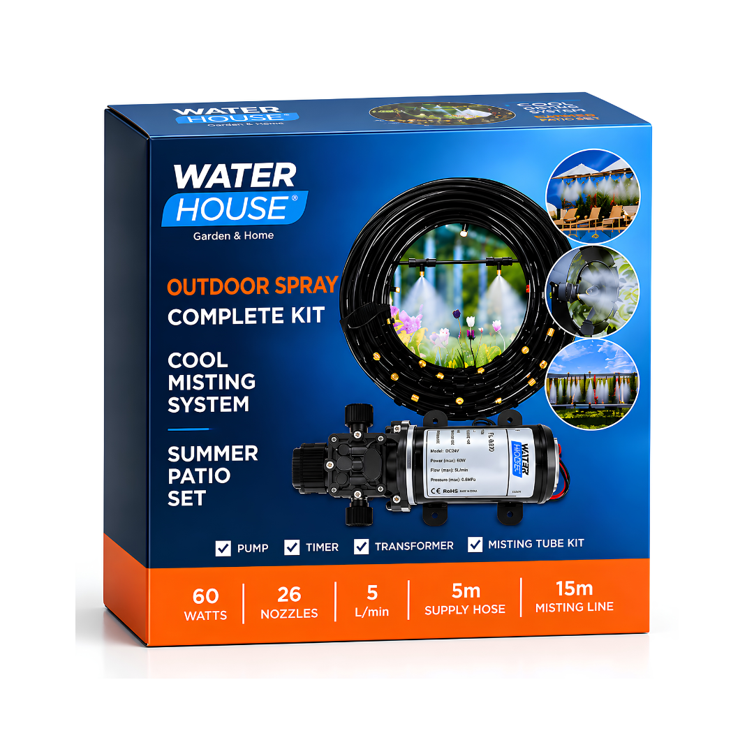 Outdoor Spray Misting Pump Kit with 12V 60W pump, digital timer, transformer, 15m misting tubing and 26 ceramic/plastic misting nozzles for patio, garden, greenhouse and outdoor cooling.