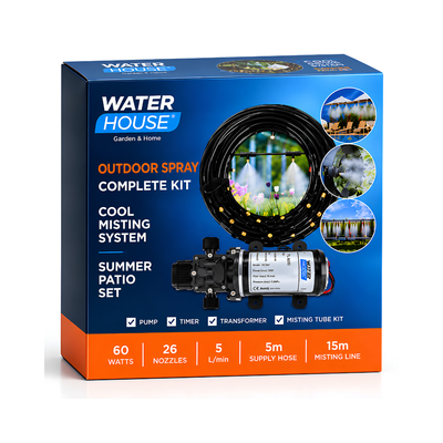 Outdoor Spray Misting Pump Kit with 12V 60W pump, digital timer, transformer, 15m misting tubing and 26 ceramic/plastic misting nozzles for patio, garden, greenhouse and outdoor cooling.