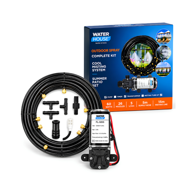 Outdoor Spray Misting Pump Kit with 12V 60W pump, digital timer, transformer, 15m misting tubing and 26 ceramic/plastic misting nozzles for patio, garden, greenhouse and outdoor cooling.