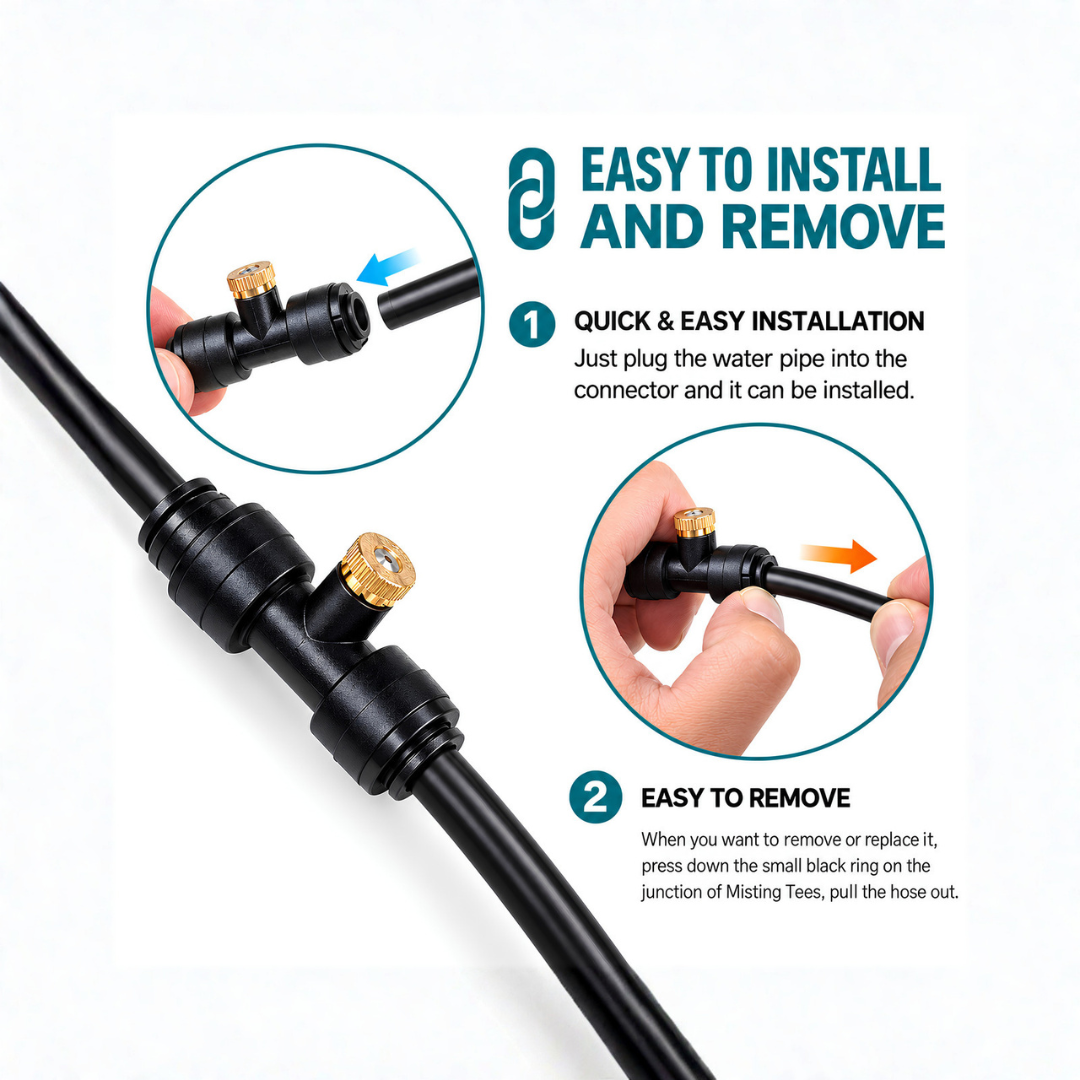 Outdoor Spray Misting Pump Kit with 12V 60W pump, digital timer, transformer, 15m misting tubing and 26 ceramic/plastic misting nozzles for patio, garden, greenhouse and outdoor cooling.