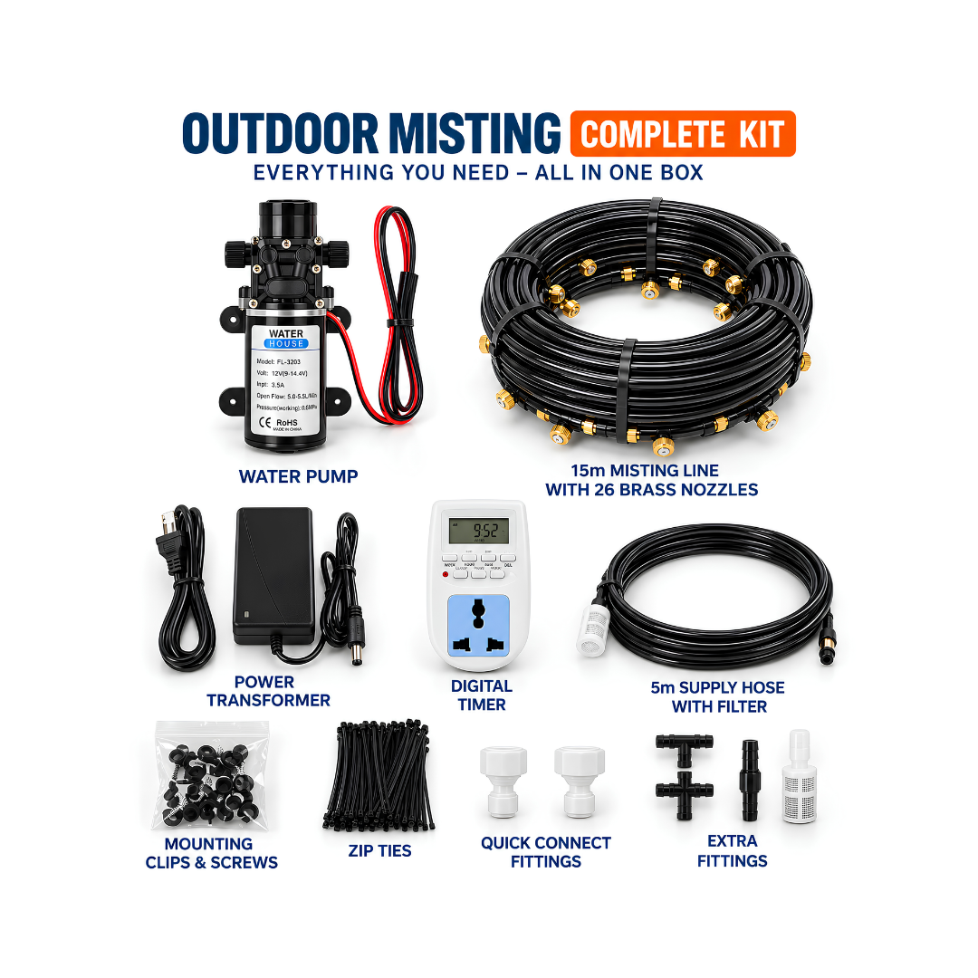 Outdoor Spray Misting Pump Kit with 12V 60W pump, digital timer, transformer, 15m misting tubing and 26 ceramic/plastic misting nozzles for patio, garden, greenhouse and outdoor cooling.