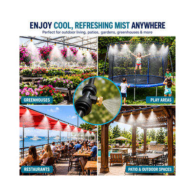 Outdoor Spray Misting Pump Kit with 12V 60W pump, digital timer, transformer, 15m misting tubing and 26 ceramic/plastic misting nozzles for patio, garden, greenhouse and outdoor cooling.
