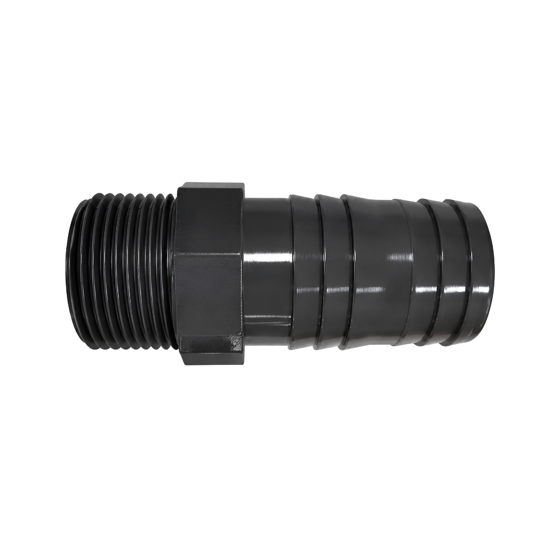 Black PVC male threaded hose connector PN16 with ribbed hose tail for pumps, irrigation, filtration and water systems