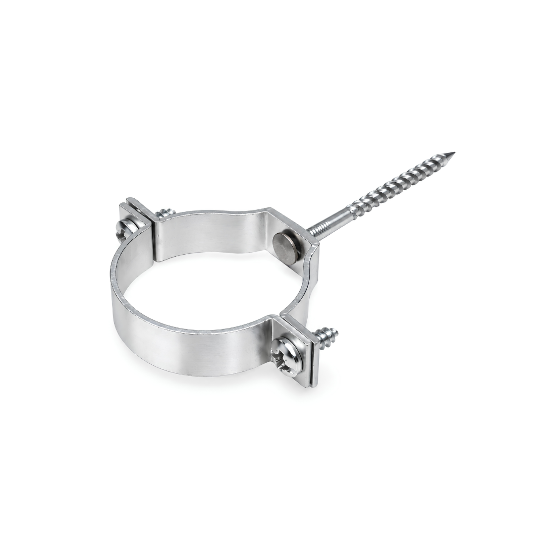 Aluminium Pipe Wall Mounting Bracket / Holderbat designed to securely support plumbing and drainage pipes against walls, available in 75mm and 110mm sizes.