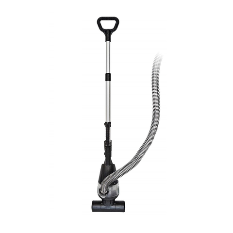 A cordless floor steam cleaner with a silver metal handle, black plastic base and handle grip, and a flexible corrugated hose, shown on a plain white background.